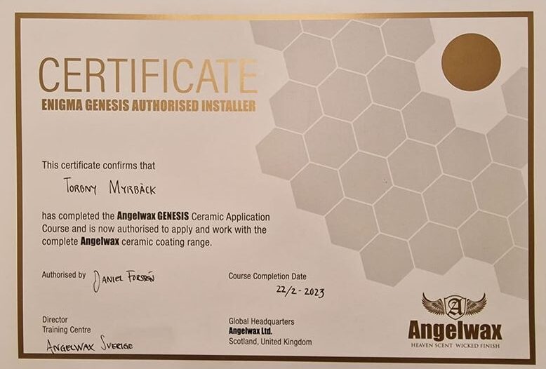 certificate angelwax. enda bilvårds firman på gotland